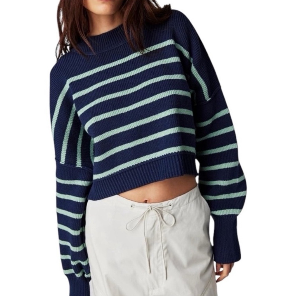 Free People Navy and Mint Striped Sweater Size Medium